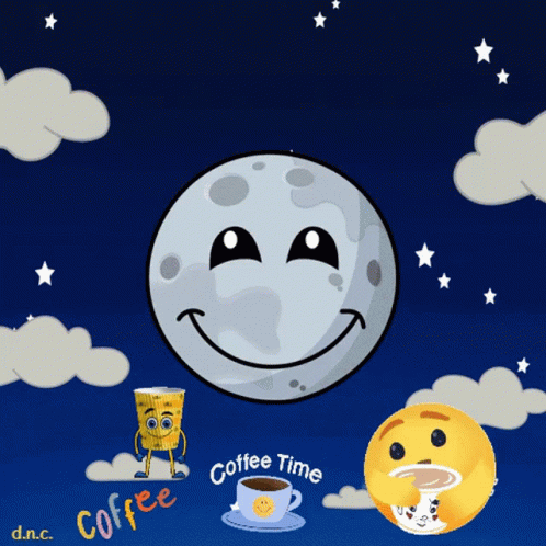 a cartoon drawing of a coffee cup sitting in front of a moon with two faces