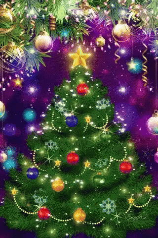 a colorful christmas tree with shiny balls and stars