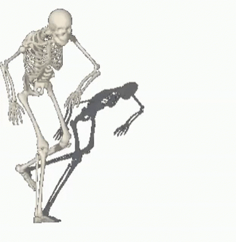 a cartoon skeleton has fallen from a standing figure