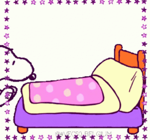 a cartoon of a bed with a dog and stars surrounding it