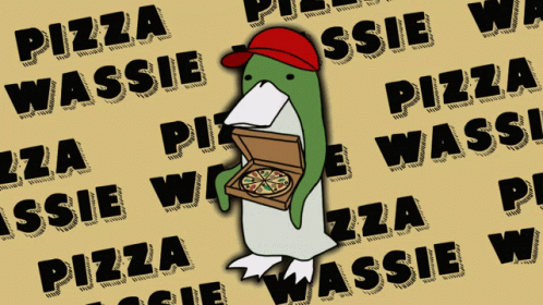 a penguin holding a pizza with a hat and an ice chest on it