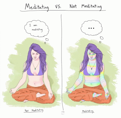 a woman sitting on the floor next to another person, with text bubble above her that reads meditation vs not meditationing