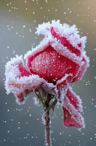 a single purple flower with snow falling off the stem