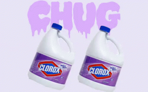 two gallon of clorox liquid with the text chug painted on it