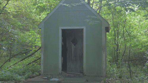 a small, weathered outhouse in the woods