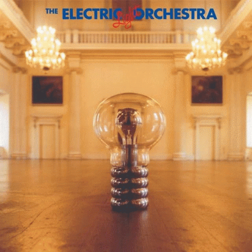 an electric orchestra cover of the album, in a palace room