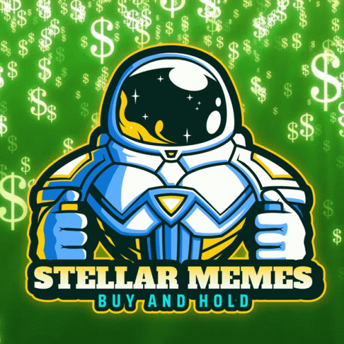 the logo for stellar memes is green and has an astronaut holding his arm up