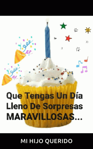 a cupcake with a candle on top of it with words that say quien tengas un dia leno de sorpes mas marvallosas