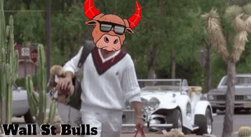 a bull with sunglasses and gloves walking down the street
