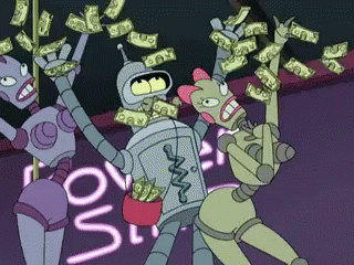 cartoon characters standing together with money on their hands
