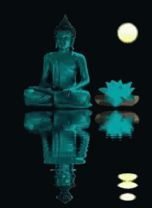 a painting of a buddha statue with four circles around it