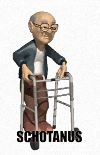 a cartoon character with glasses holding a walker