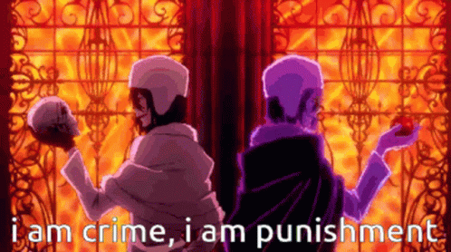 anime characters with words below it saying i am crime, i am punshment