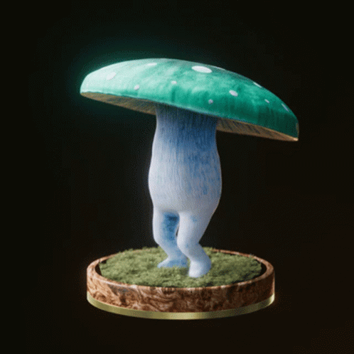 a tiny doll standing next to a giant green mushroom