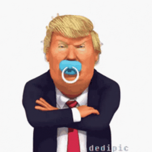 blue trump dressed in black suit and tie with pacifier on his nose