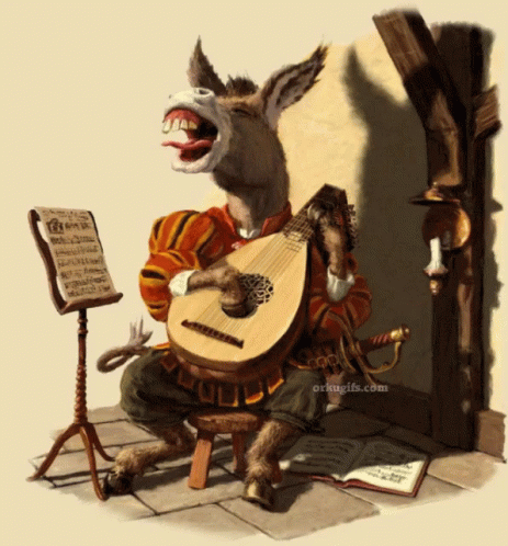 this is an artistic depiction of a cartoon character playing a lute