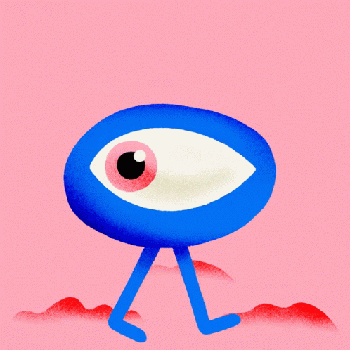 a cartoon character with big eyes running on a field