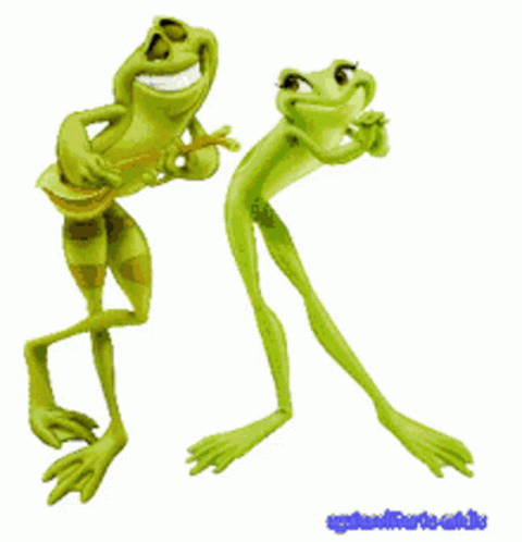two cartoon frogs, one with eyes wide open and the other smiling