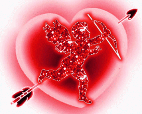 a cupid with an arrow on top of it in front of a heart