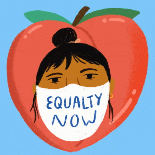 a drawing of a blue apple with a face covering it that says equality now