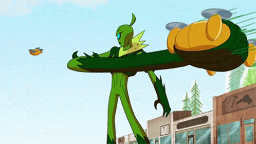 an animated figure of a giant green creature next to a building