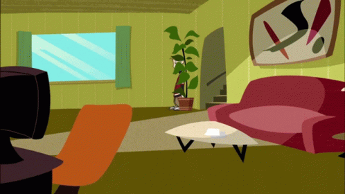 an animated room with blue walls and purple furniture