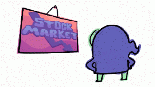 a giant, red cartoon character stands next to a sign saying stock market