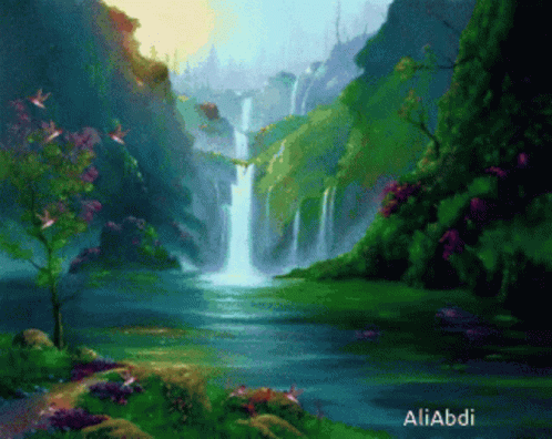 a painting of a waterfall and a path by the forest