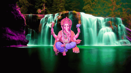 a painting of an indian god sitting in front of a waterfall