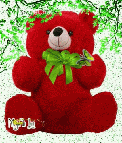 a blue teddy bear with green bow and erflies