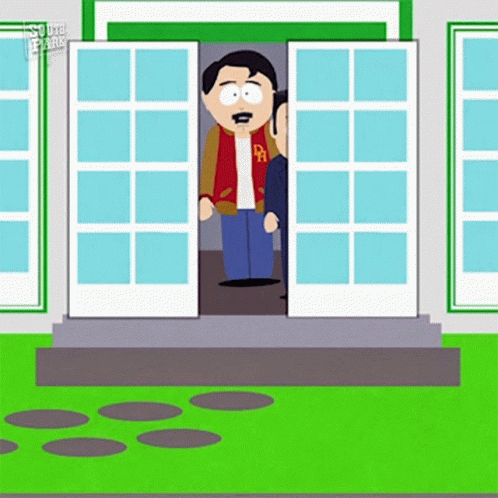 cartoon image of man talking on a phone at the doorway of a building