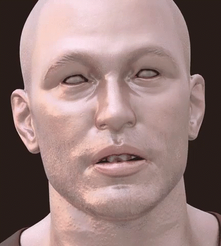 a 3d face of a man's head with blue eyes