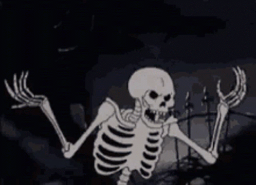 a cartoon skeleton running and smiling, with arms extended up
