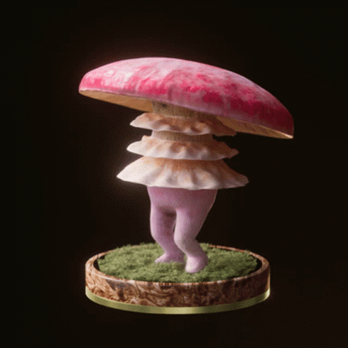 a little girl standing under a purple and blue mushroom