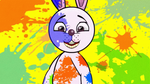 a very cute bunny smiling brightly by some colorful blotches