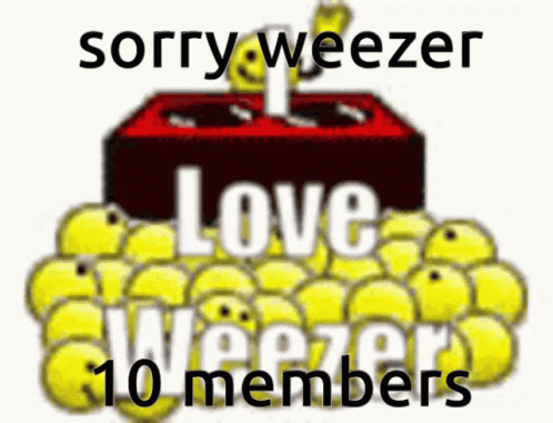 a square shape with two cubes filled with balls and the words sorry weezer love weirder