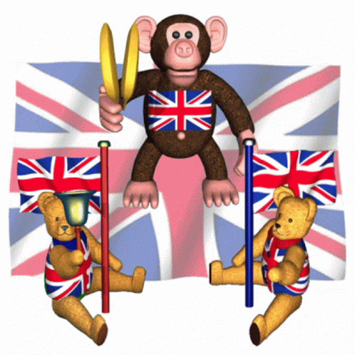 an animated monkey standing on a pole next to two stuffed teddy bears