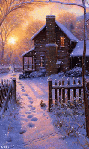 this is an image of a snow scene with a country house