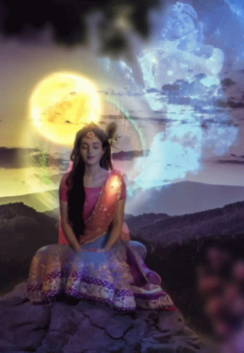 an image of the person sitting on a rock with the moon and light above her