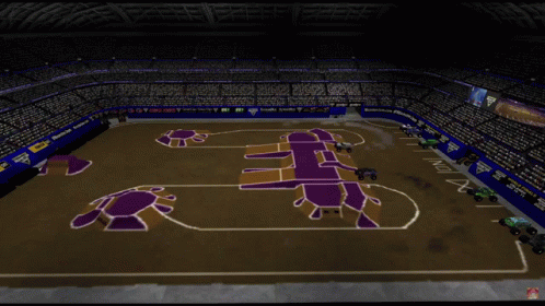 an animated depiction of an indoor soccer stadium