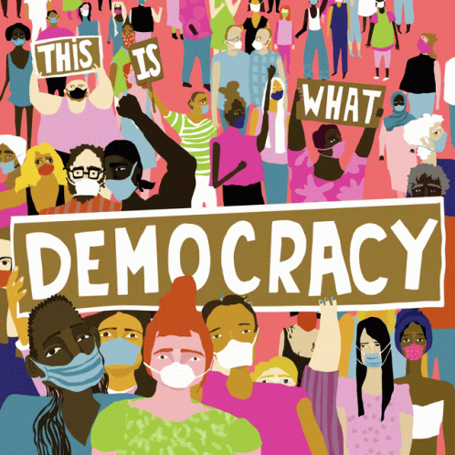 an illustration depicting people in different groups with signs reading democracy