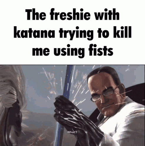an image of a man holding a stick in front of the caption that says, the freshie withkattana trying