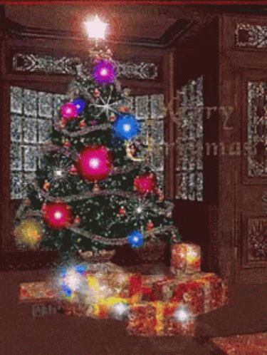 an animation of a bright blue christmas tree with presents under it