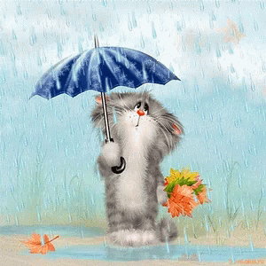 cat holding a umbrella in the rain, standing in water