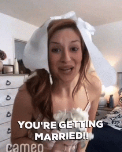 a woman wearing a bonnet with the text you're getting married