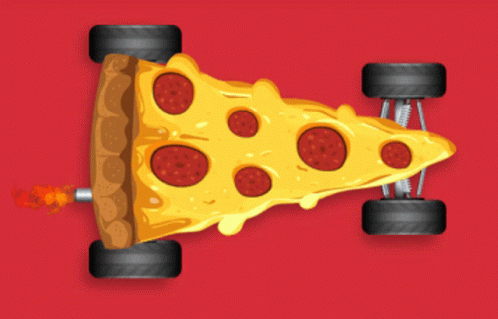 a blue model of a pizza and four rubber wheels