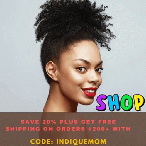 the poster shows a black girl's face in blue, the sign says shop and features