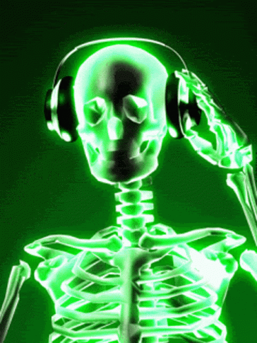 the skeleton is glowing in green and headphones