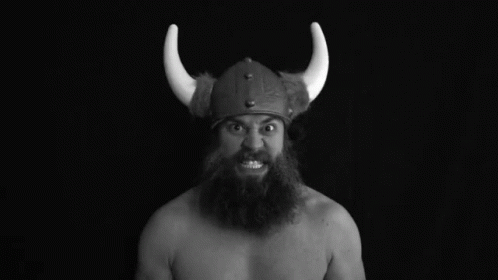 a man wearing viking helmet with horns posing for a po