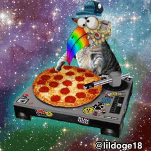 a cat that is on a dj - s deck in space